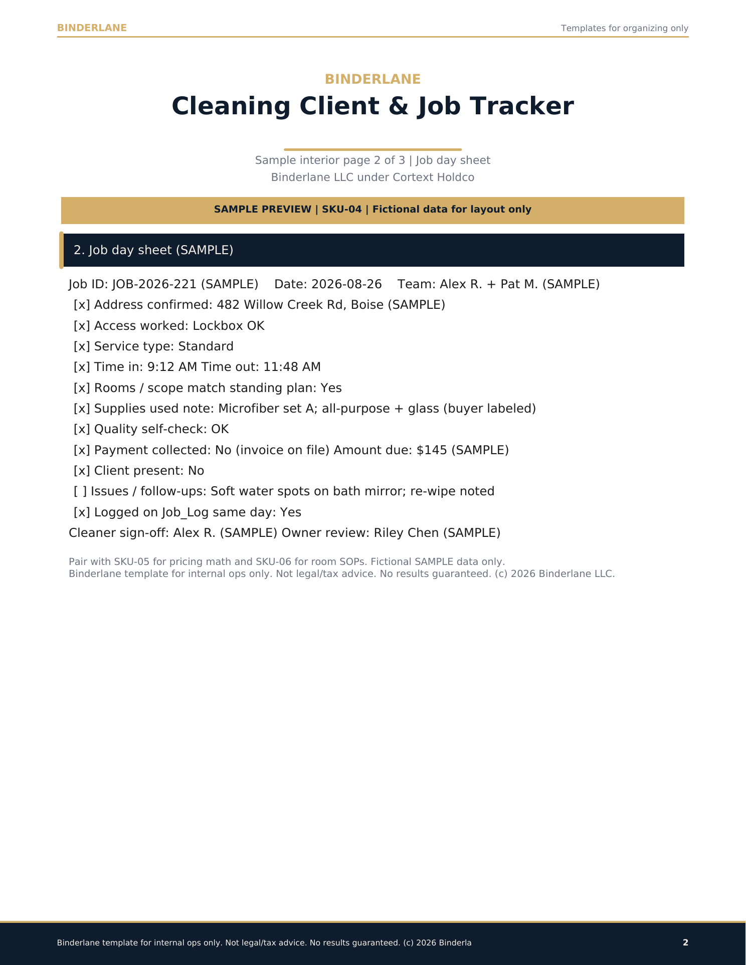 Job day sheet sample preview